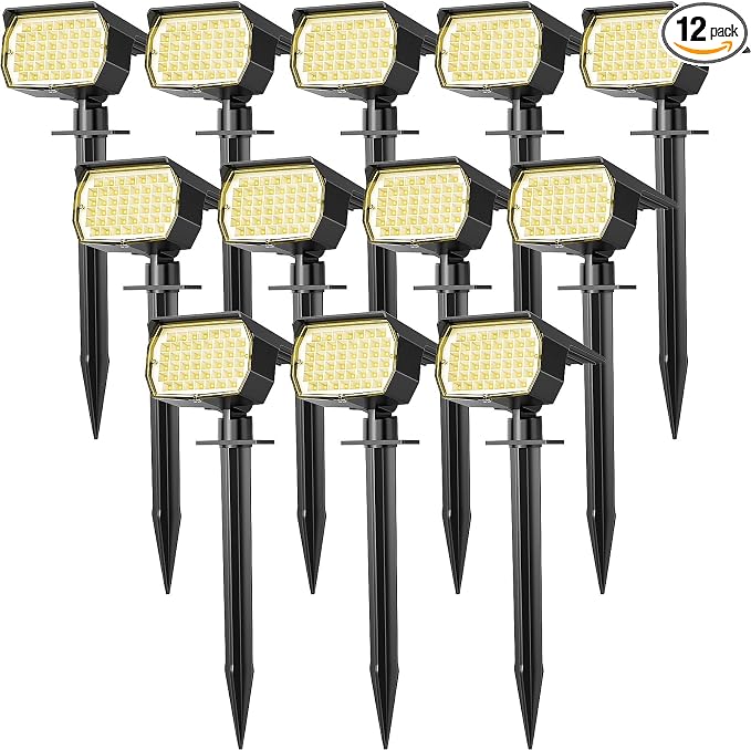 WENATY Solar Spot Lights Outdoor Waterproof IP65, 12 Pack Landscape Spotlights with 46 LEDs, 3 Modes Auto On/Off Solar Powered Flood Lights for Outside Pathway, Yard, Garden, Walkway (Warm White)