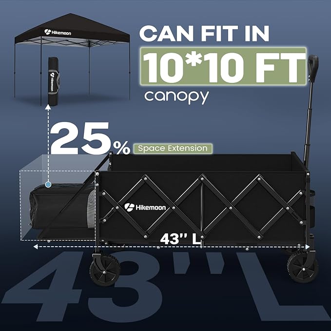 Hikemoon 43'' Extra Long Collapsible Wagon with Extended Tailgate, 360LBS Heavy Duty Wagons Carts Foldable, Portable Folding Outdoor Utility Cart for Grocery, Shopping, Beach, Camping, Black