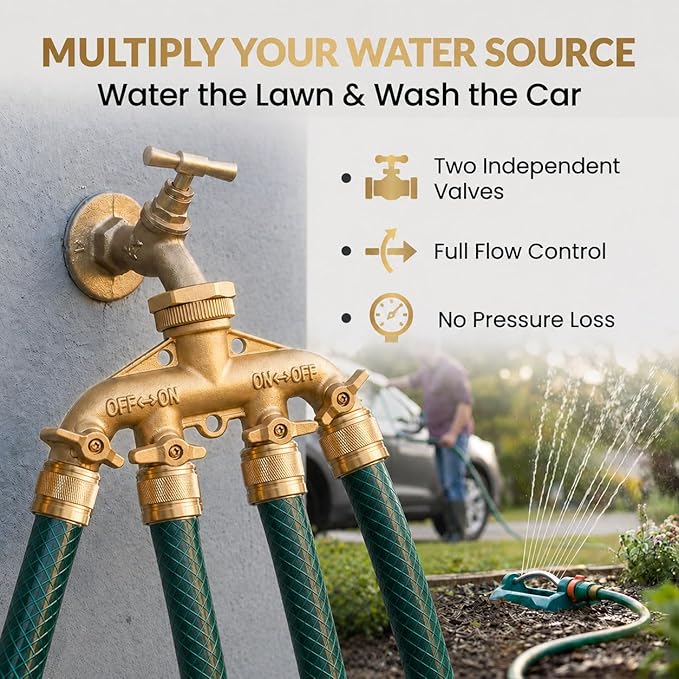 Morvat Brass 4-Way Splitter LEAD-FREE, Heavy-Duty Garden Hose Manifold Connector with Improved Comfort Grip ON/OFF Valves, Adapter for Water Faucet & Spigot, Includes 32 Washers, Teflon Tape (4-Pack)