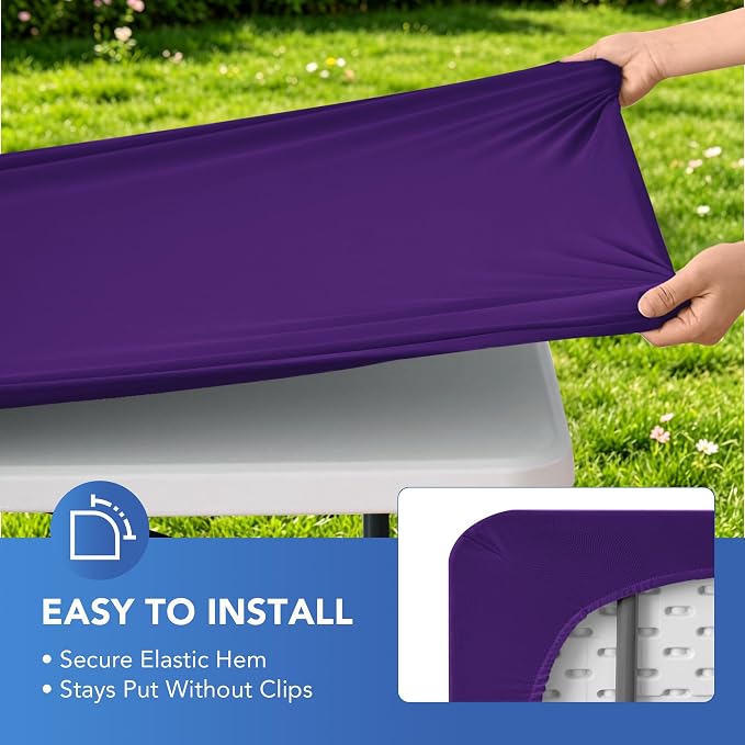 Fitted Tablecloth for 8 foot Rectangle Table-6 Pack Dark Purple Elastic Outdoor Picnic Table Cover-Spandex Stretch Folding Tablecloths 8ft for Camping Dining Room Patio Kitchen Banquet Party