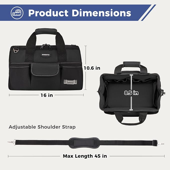 16-Inch Heavy Duty Tool Bag, 22 Pockets Empty Tool Box Organizer Storage, Soft Tote Toolbox Organization Portable Handle Carrying Work Toolbag, Father Day Gifts Men Electrician Mechanic, Black