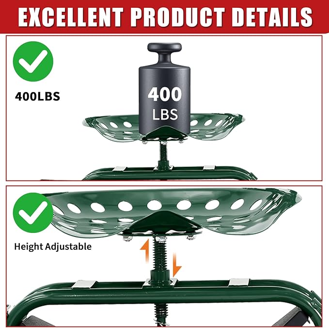 Rolling Garden Cart Workseat with Wheels, 360 Degree Swivel Gardening Stool, Extendable Steering Handle, Tool Tray, 10-Inch Inflatable Tires, Reinforced Steel Frame