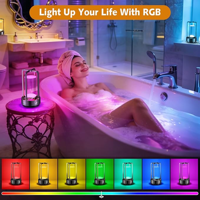Portable Table Lamp for Outdoor Indoor: Cordless Rechargeable Desk Lamp with 10 Colors - Shower Lamp with Stepless Dimmable - Metal Battery Operated Lantern Light for Bedroom/Bar/Coffee Shop/Camping