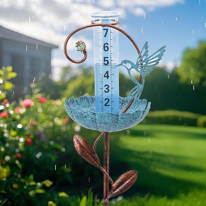 WONDER GARDEN Rain Gauge Outdoor, Decorative Hummingbird Rain Gauges Outdoors Best Rated, Freeze Proof Glass Water Rain Measure Gauge with Bird Feeder for Yard Patio Lawn Decor