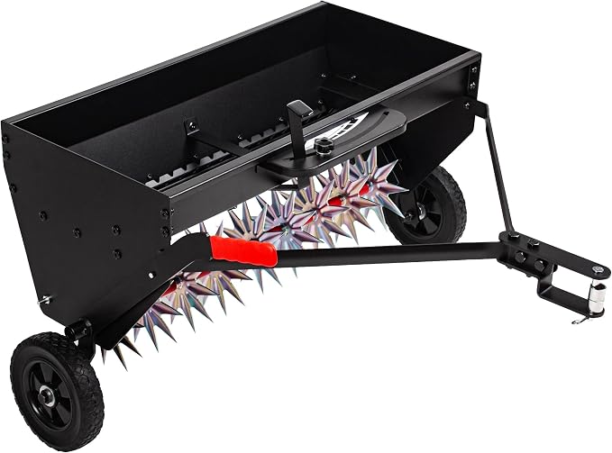 Suchtale Upgrade 40-Inch Tow Behind Spiker Seeder,Combination Tow Spike Aerator,Broadcast Spreader,Steel Hopper Lawn Drop Seed Fertilizer and Spreader,Lawn Soil Aerator Spikes Tractor