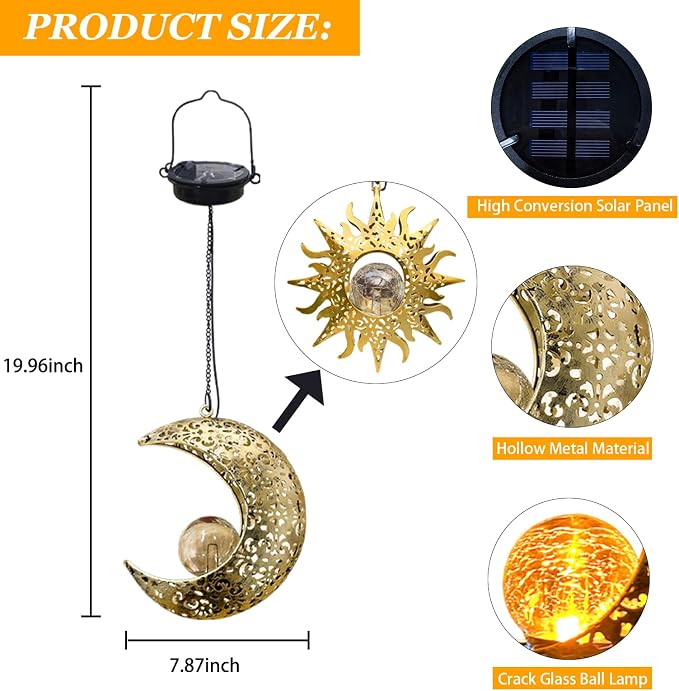 Solar Hanging Sun and Moon Lights Garden Outside Decor,2 Pack Metal Lanterns Outdoor Sunflower Art Decorations for Porch Backyard Patio Wall Tree,Unique Gardening Gifts for Women Mom Grandma