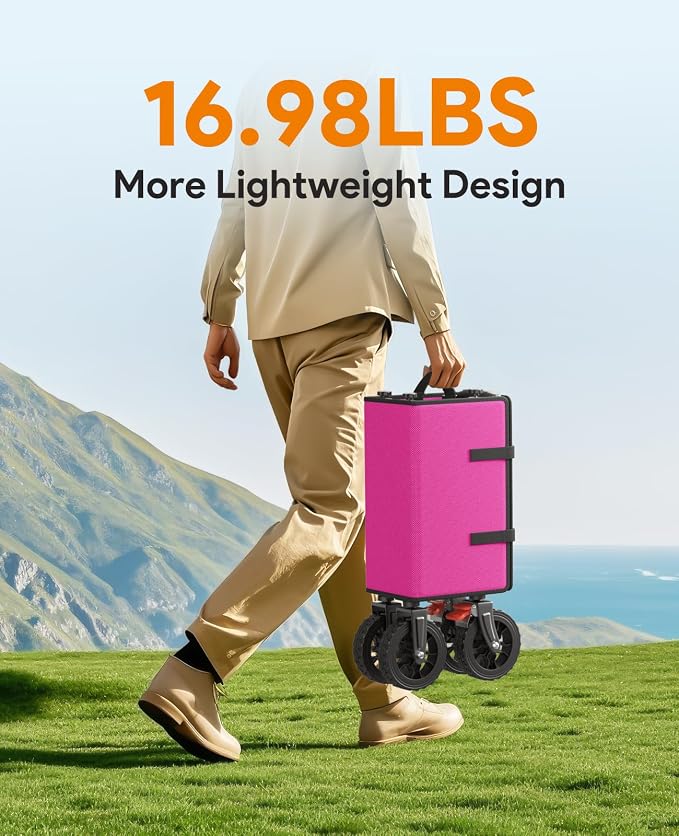 Wagons Carts Foldable, Collapsible Foldable Wagon 330lbs Capacity, Large Capacity Wagon Cart with All-Terrain Wheels,Heavy Duty Utility Wagons Cart with Brakes for Camping Shopping Sports, Pink