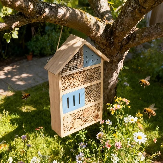 Lovebirds Natural Wooden Insect House, Cottage-Style bee Houses for the Garden - Weatherproof Insect Hotel Garden Decor for Backyard/Patio