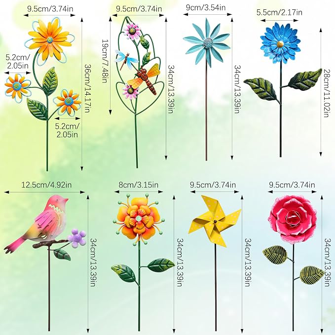 8 Pcs Metal Flower Garden Stake for Outside Outdoor 14" 5D Summer Wildflowers Metal Sign Waterproof Decoration Bird Dragonfly Windmill Landscape Ornament for Lawn Yard Garden Patio Porch Art