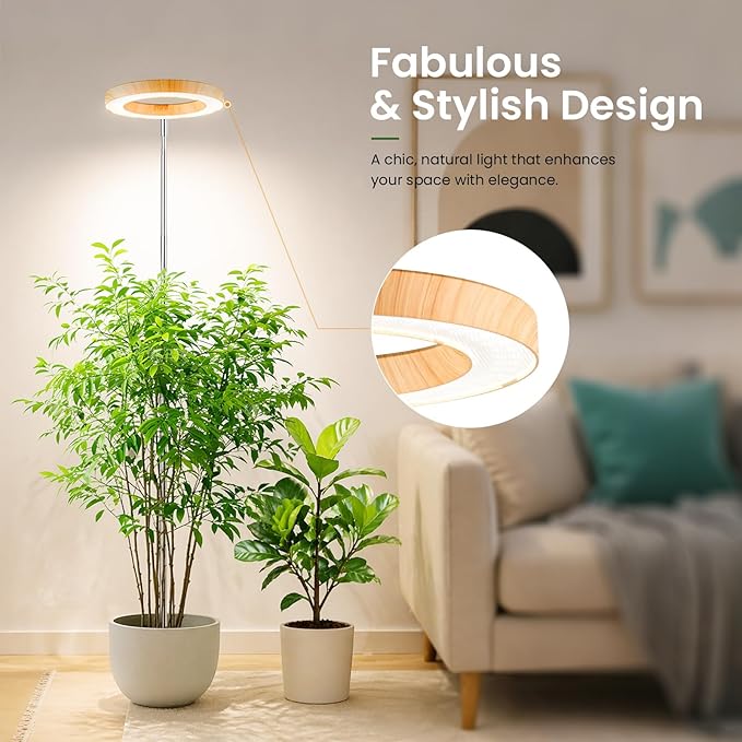 LBW Grow Lights for Indoor Plants, 6.3" Full Spectrum Plant Light with Base, 65" Height Adjustable Grow Lamp, 6/8/12/16H Timer, 3 Colors, 5 Dimmable Levels, for Tall Large Plants, Bamboo Grain, 2 Pack