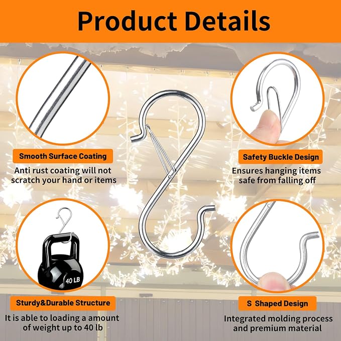 48 Pcs S Hooks for Hanging with Safety Buckle, 3.5 inch Heavy Duty Metal S Shaped Hooks Stainless Steel for Hanging Kitchen Utensil, Cups, Pots, Plants, Bags, Hats (Silver)