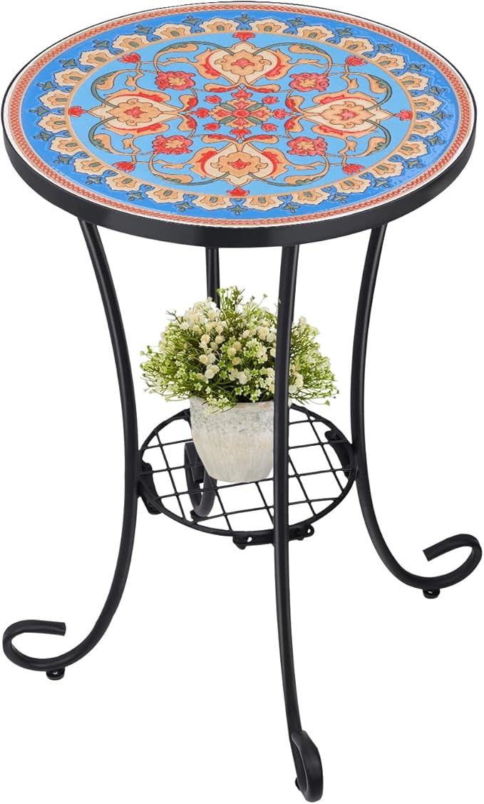 VCUTEKA Outdoor Side Table Mosaic Patio Table Accent Tables Mosaic Tile Top Metal Frame Small End Tables Porch Beach Patio Garden Balcony Blue 14''