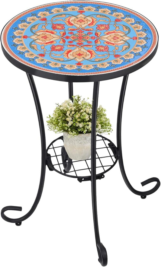 VCUTEKA Outdoor Side Table Mosaic Patio Table Accent Tables Mosaic Tile Top Metal Frame Small End Tables Porch Beach Patio Garden Balcony Blue 14''