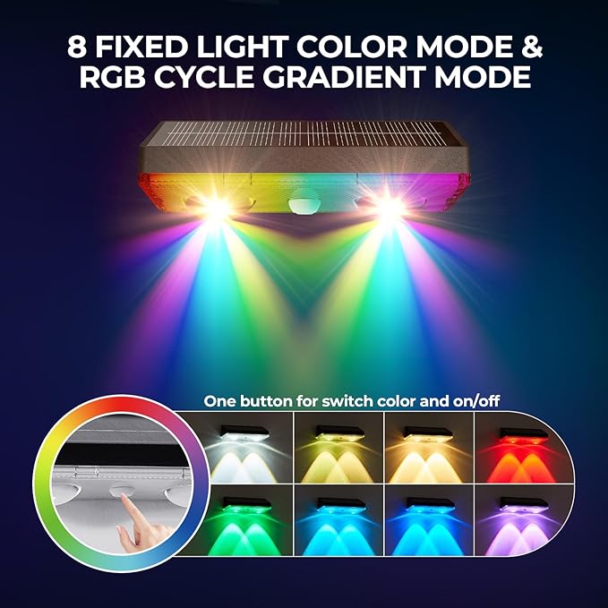 Solar Fence Lights Outdoor 2 Pack – IP65 Waterproof Wireless Solar Deck Lights with 9 Color Modes, 80 Lumen Bright LED for Fence, Backyard, Patio, Pool, Wall – 12+ Hour Runtime, No Wiring