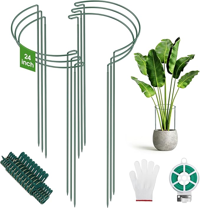 Unves 6 Pack Peony Cages and Supports, 10" W x 24" H Adjustable Tall Plant Peony Support Cages, Heavy Duty Half Round Peonies Ring Metal Plant Stakes for Outdoor Plants, Garden Vegetables & Flowers