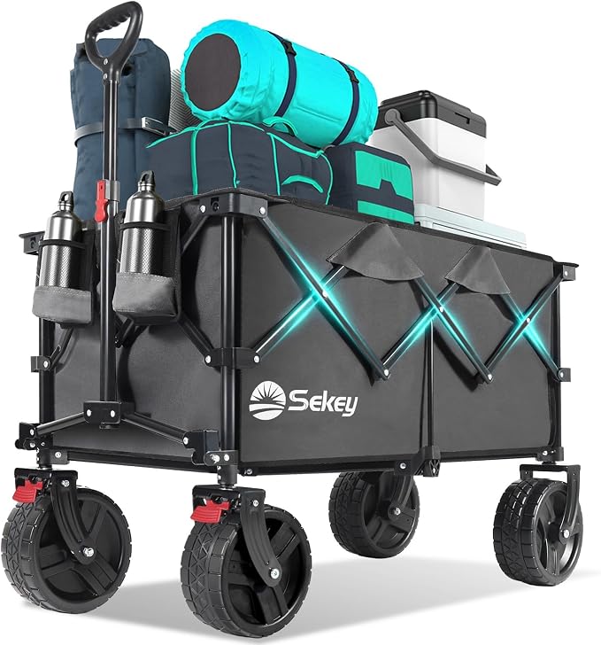 Sekey 220L Wagons Carts Foldable with Big All-Terrian Beach Wheels, Collapsible Heavy DutyWagon with Cup Holders, Extra Large Folding Wagon,Foldable Wagon for Camping, Garden, Sports. Grey