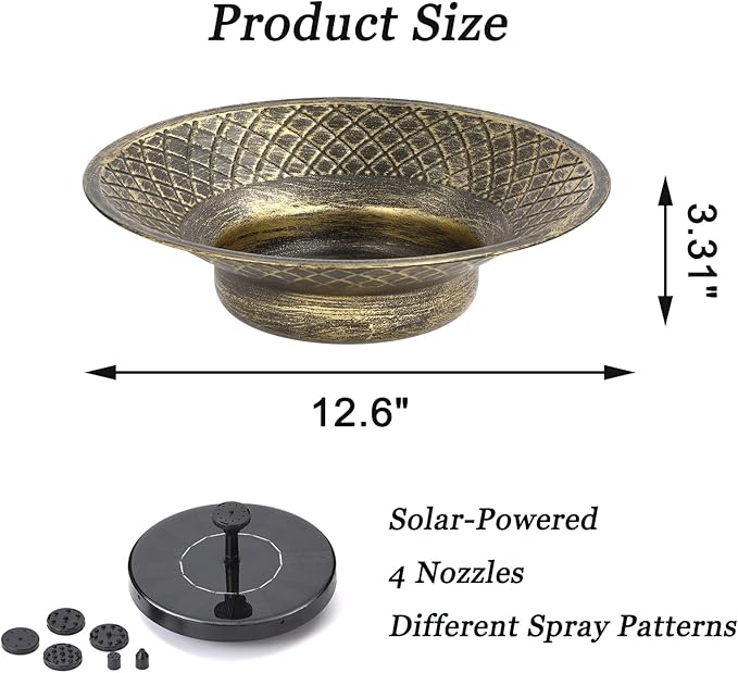 Solar Bird Bath for Outdoors, Metal Solar Bird Bath Fountain, 12.6" Bird Bath Bowl, Bird Water Fountain for Garden Patio Lawn Decor, Gold