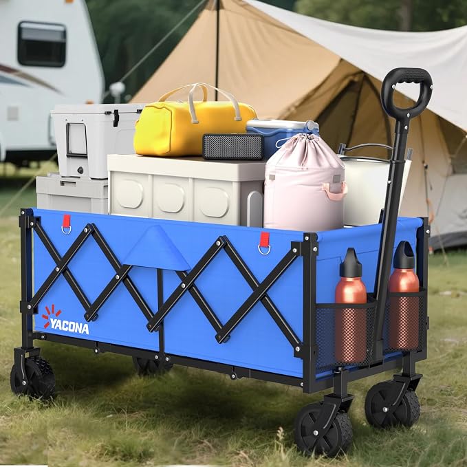 35" L Extra Long Wagons Carts Foldable, 360LBS Heavy Duty Collapsible Wagon with Wheels, Folding Wagon Portable Utility Cart for Groceries, Shopping, Camping, Sports (Blue, 180L)