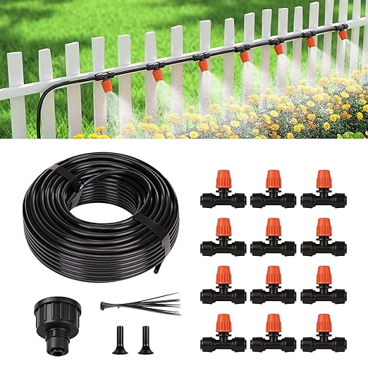 50FT Drip Irrigation Kit, Quick Connect Garden Watering System, Easy Install Drip Irrigation System with Misting Nozzles for Patio, Potted Plants, Small Garden & Greenhouse