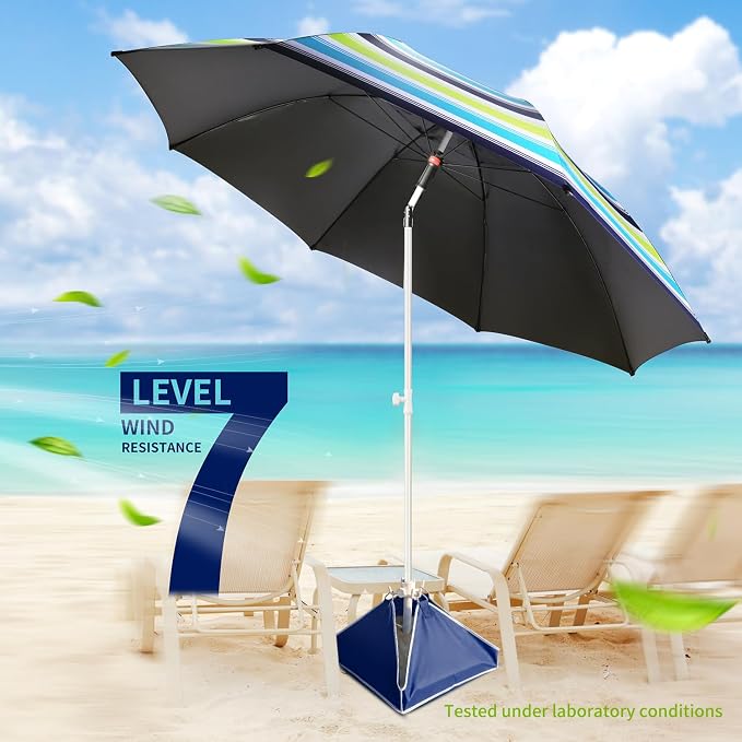 Fisqueen 8FT Large Beach Umbrella with Level 7 Wind Resistance Sand Anchor Sand Bag, Portable Outdoor Umbrella with UPF50+ UV Protection, Tilt Sun Shelter for Beach, Patio, Yard
