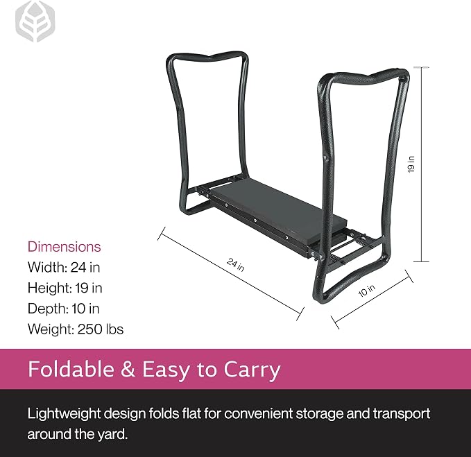 Yard Butler Garden Kneeler & Seat - Foldable Gardening Chair for Support - Heavy Duty Steel Gardening Stool - Foam Padded Kneeling Bench - Lightweight & Durable - 24" x 19" x 10" - Silver & Black