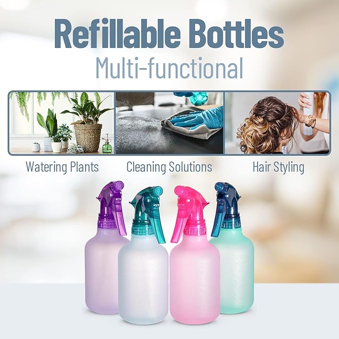 Refillable Stream and Spray Colored Squirt Bottles - 12oz Refillable Mister Bottle for Cleaning Solutions, Gardening, Grooming and Hair Salon COLORS MAY VARY | 3-BOTTLES
