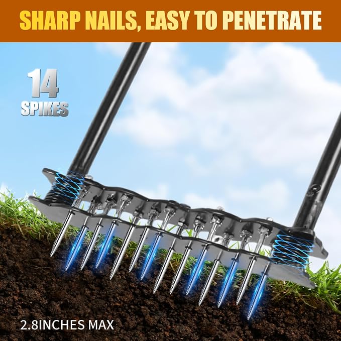 Lawn Aerator Tool with 14 Metal Spikes – Manual Yard Aerator with Spring Base & Auto Leaf Cleaning for Soil Aeration, Lawn Care, Grass Health – Heavy Duty Aerator for Garden, Backyard, Patio