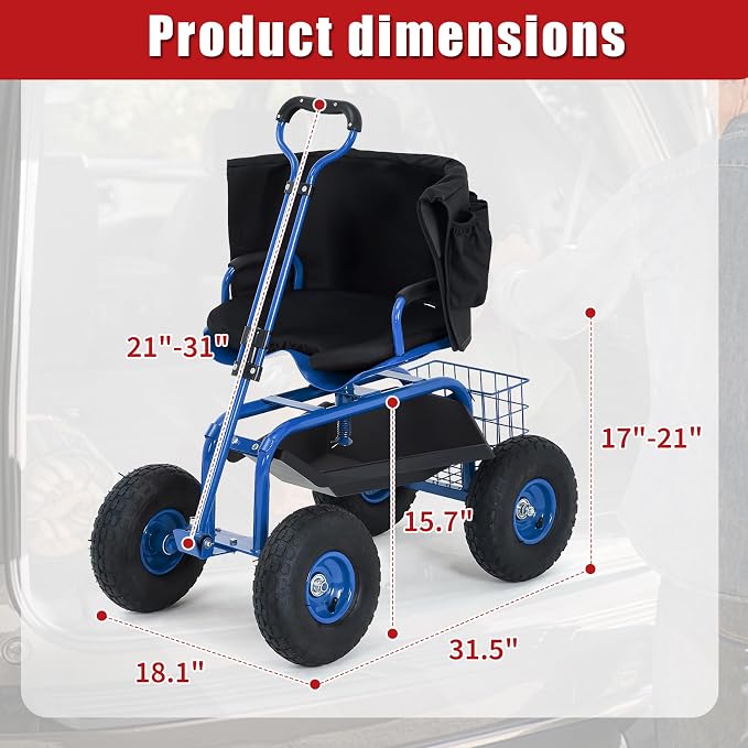 Rolling Garden Cart Workseat with Wheels, 360 Degree Swivel Gardening Stool, Extendable Steering Handle, Tool Tray, 10-Inch Inflatable Tires, Reinforced Steel Frame