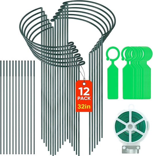 12 Pack 10" W x 32" H Plant Support Stakes, Large Peony Cages and Supports, Tall Peony Ring Supports, Garden Plant Stakes for Outdoor Plants, Rose, Tomato, Hydrangea, Flowers