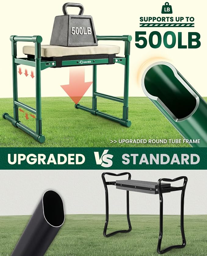 Saker 2026 Upgraded Garden Kneeler and Seat - Gardening Bench Gardening Stool with 500LB Heavy Duty Round-Tube Frame, Soft Kneeling Pad Foldable Support for Elderly, Gardening (Basic Version)