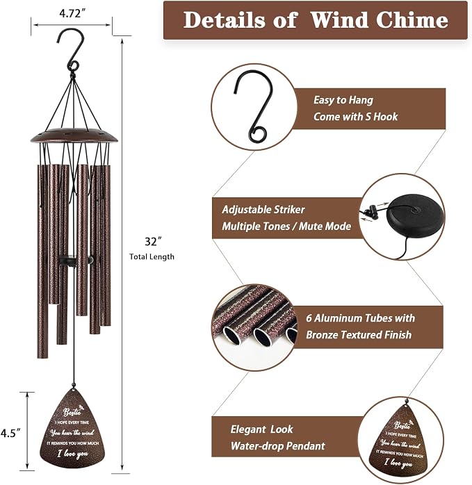 Best Friend Birthday Gifts for Women, Friendship Gifts for Women, 32" Bronze Wind Chimes Gift for Bestie Bestfriend BFF