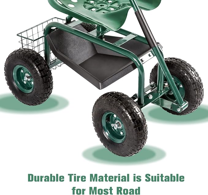Garden Stool Cart Rolling Work Seat Outdoor Storage Basket Scooter for Adjustable 360 Degree Swivel Seat Green