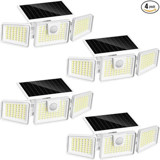 INCX Solar Lights Outdoor with Motion Sensor, 3 Heads Security Lights Solar Powered, 156 LED Flood Light Motion Detected Spotlight for Garage Yard Entryways Patio, IP65 Waterproof, White, 4 Pack.