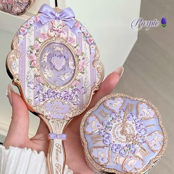 Flower Knows Bunny Garden Collection Hand Mirror,Vintage Portable Handheld Mirror,Fancy & Pretty Princess Mirror with Long Handle,Gift for Girls(Wisteria Purple)