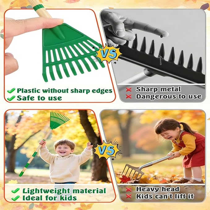Kids' Leaf Rakes, Small Children's Lawn and Garden Tools, Toddler Yard Tool Set, 2 Pcs 35'' Plastic Head Leaf Rake with 2 Pairs of Gloves, Adjustable Wooden Handle , Safe for Boys and Girls