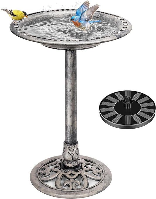 VIVOHOME Bird Bath with Solar Fountain for Outside, Polyresin Pedestal Bird Baths with Solar Powered Pump for Outdoor, Garden, Weather-Resistant Birdbaths with 20" Bowl, Gray