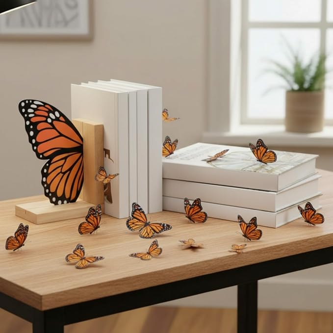 Decorative Butterfly Bookends Wooden Acrylic Butterflys Bookend Modern Bookshelf Decor Accent Book Stopper Decor for Home Farmhouse Shelves Office Lover Gift (Monarch Butterfly)