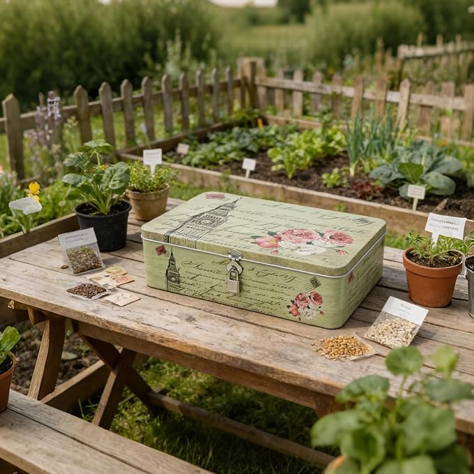 DreamsEden Seed Storage Box with Lock and Key, Metal Seed Organizer for Garden Packets, Waterproof Seed Saver Container, Rustic Decorative Box for Tea Sewing Letters, Gift for Gardeners Homesteaders