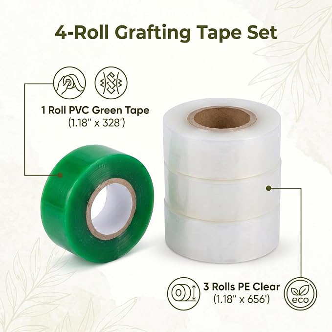 Grafting Tape 4 Rolls, 1.18 Inches Width PE White & PVC Green Stretchable Film for Fruit Trees, Plants Repair and Budding(4)