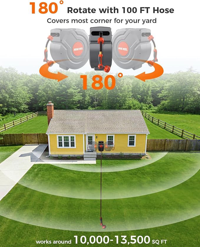 Retractable Garden Hose Reel,Wall Mounted 100 ft 5/8 Inch Automatic Return, Any-Length Lock, 9-Pattern Sprayer, 180° Swivel, Durable Water Hose Reel for Yard and Home