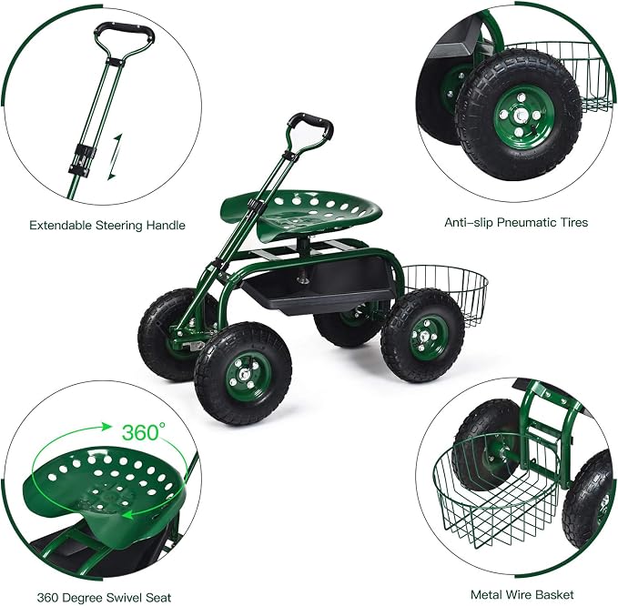 Giantex Rolling Garden Cart with Seat, 4-Wheel Gardening Workseat with Storage Basket, Swivel Stool Adjustable Seat, Steering Handle, Garden Utility Cart, Steel Frame (Green)