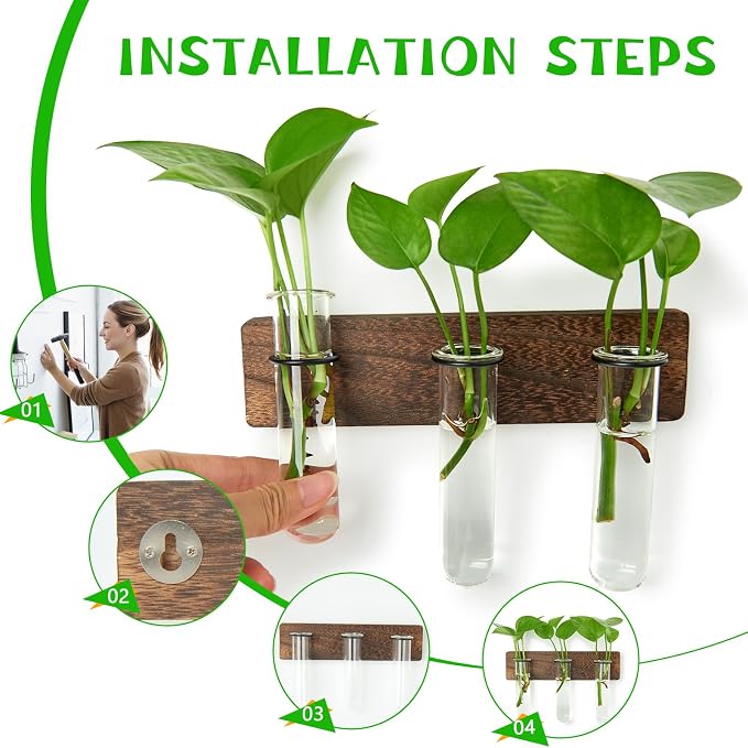 XXXFLOWER Wall Mounted Plant Terrarium with Wooden Stand 3 PCS Hanging Planter Propagation Station with 3 Glass Tubes for Plant Cuttings Flower Vases for Home Office Indoor Decor