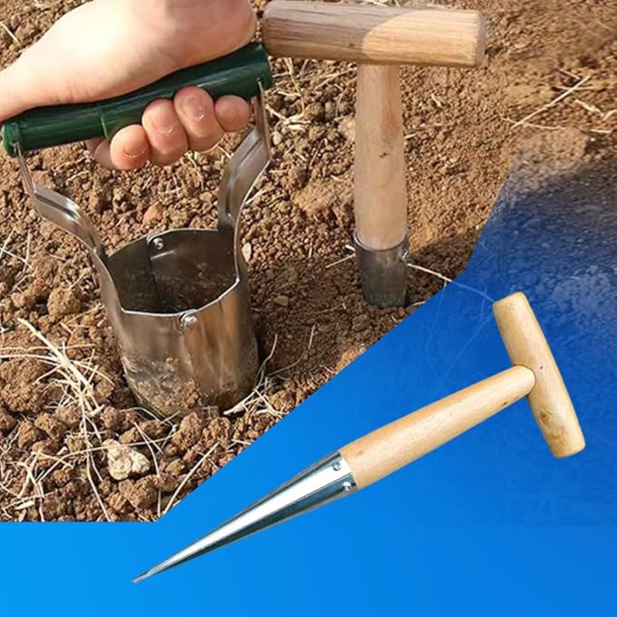 Seed Dibber - 11.2"(280mm), Wooden Handle, Galvanized Steel, Easy Drilling/Transplanting/Planting, Seed Dibber Planter Tool
