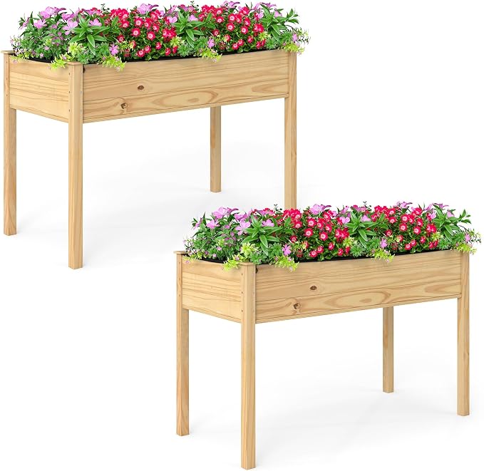 Giantex Raised Garden Beds Set of 2, Elevated Wood Planter Box with Liner, 47"x23"x30" Freestanding Raised Bed for Indoor Outdoor Plants, Vegetables Flower Herbs Fruit Gardening