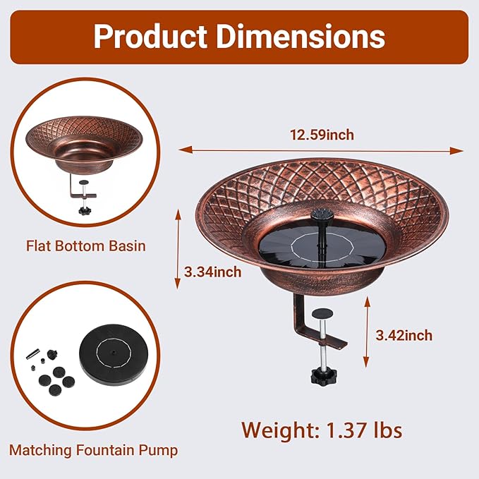 12.6" Deck Mounted Bird Bath for Outside, Metal Solar Powered Bird Bath Fountain, Heavy Duty Railing Clamp for Balcony Fence, Detachable Deck Bird Bath for Garden