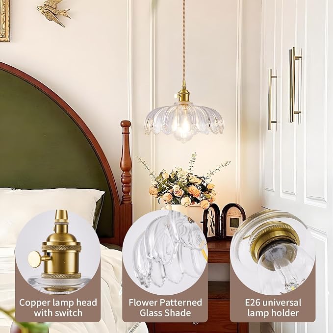 Plug in Pendant Light, Hanging Lights with Plug in Cord, Hanging Light Fixture with Green Glass, E26 Pendant Lighting for Kitchen Island, Bedroom, Dining Room-Clear