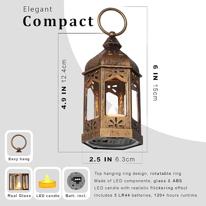 Mini Moroccan Lanterns with LED Tealight Set of 12, Vintage Brown Decorative Hanging Lanterns for Ramadan, Christmas, Halloween, Wedding, Fairy Party Decorations, Table Centerpiece