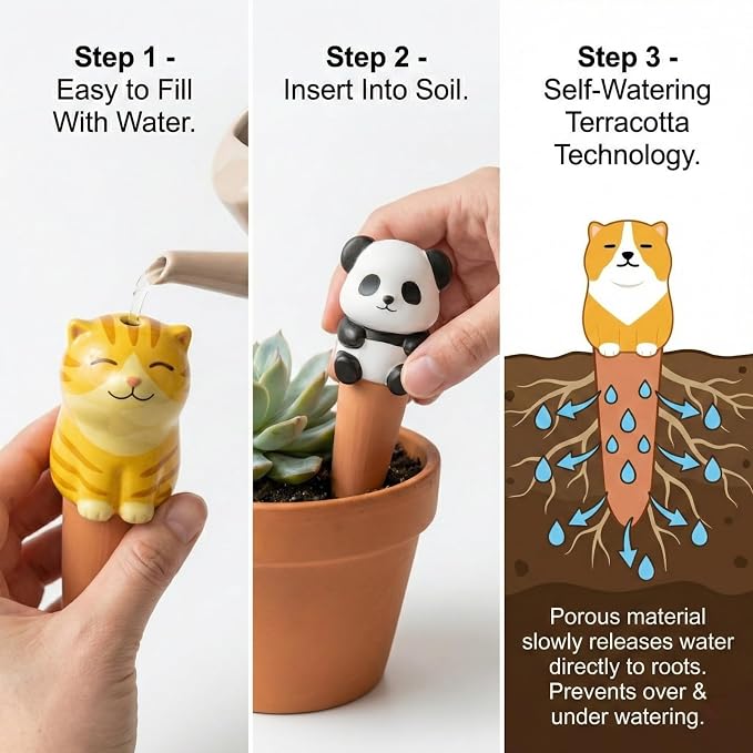 4 Pack 5.3 inch Terracotta Watering Spikes - Self Watering Globes for Indoor Plants, Cute Animal Automatic Plant Waterer, Ceramic Irrigation Stakes