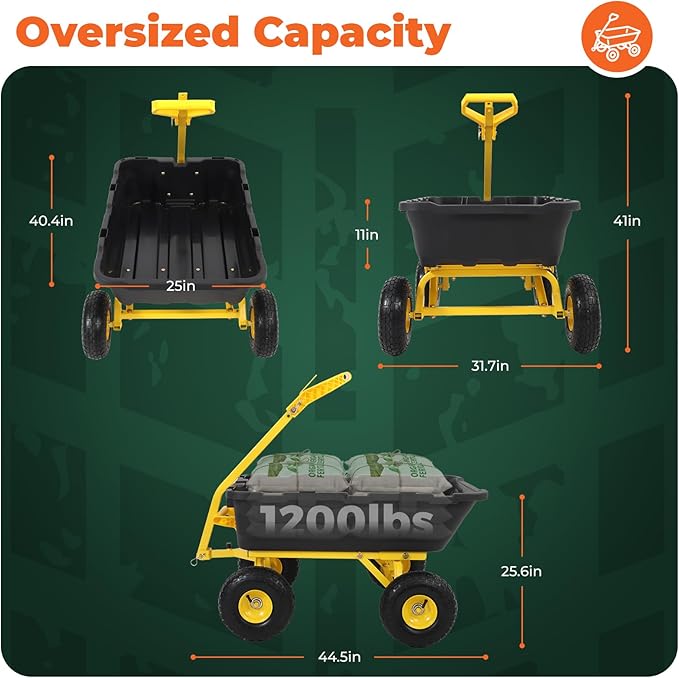 Sekey 1400lbs Garden Dump Cart for Lawn & Landscaping, Towable Utility Wagon with Quick-Release Dumping, 10" All-Terrain Tires, Black