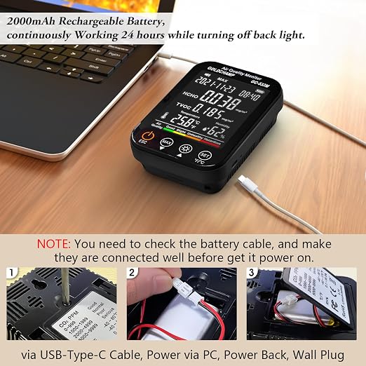 4in1 Air Quality Monitor Indoor Formaldehyde Detector Test HCHO/TVOC/Temp(℃/℉) /Humidity Sensor Air Analyzer with Digital LCD Screen, Smart Alarm，Auto Shutdown，Data Storage for Home, Cars, Plants